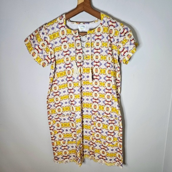 Laura Park Ikat Dress Cotton Yellow Pink Fringe Hem Lace Collar Short Sl… - Picture 4 of 5